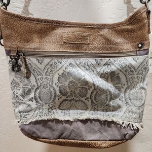 Myra Bags Leather & Cotton Crossbody/Shoulder Bag Purse Boho Canvas